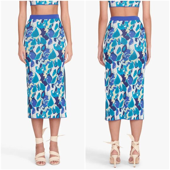 Staud Giovanni Abstract Jacquard Knit Midi Skirt XL blue print slit - Picture 2 of 8